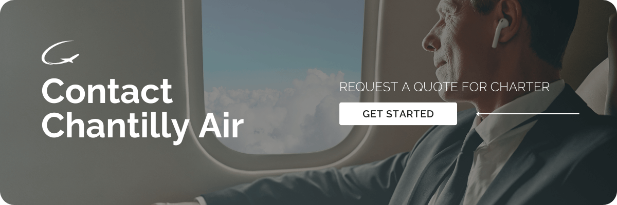 Man in business suit with AirPods looking out airplane window behind text: "Contact Chantilly Air & request a quote for charter" with a white "Get Started" button